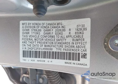 2020 Honda Civic Sport from USA, damaged, VIN 2HGFC2F81LH568088